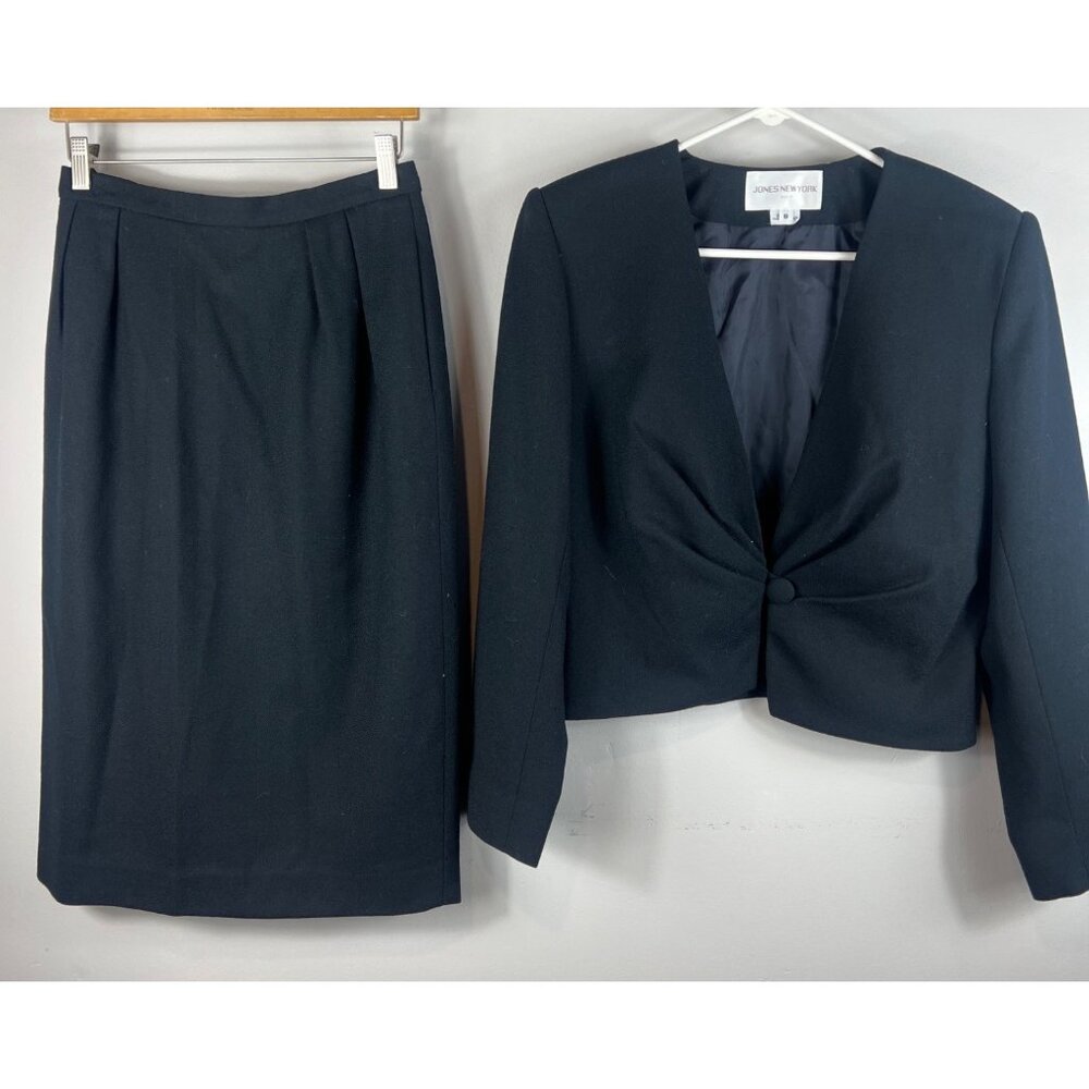 Vintage Jones New York Skirt Suit Wool Blazer & A-line 100% Wool Black Sz 8 USA